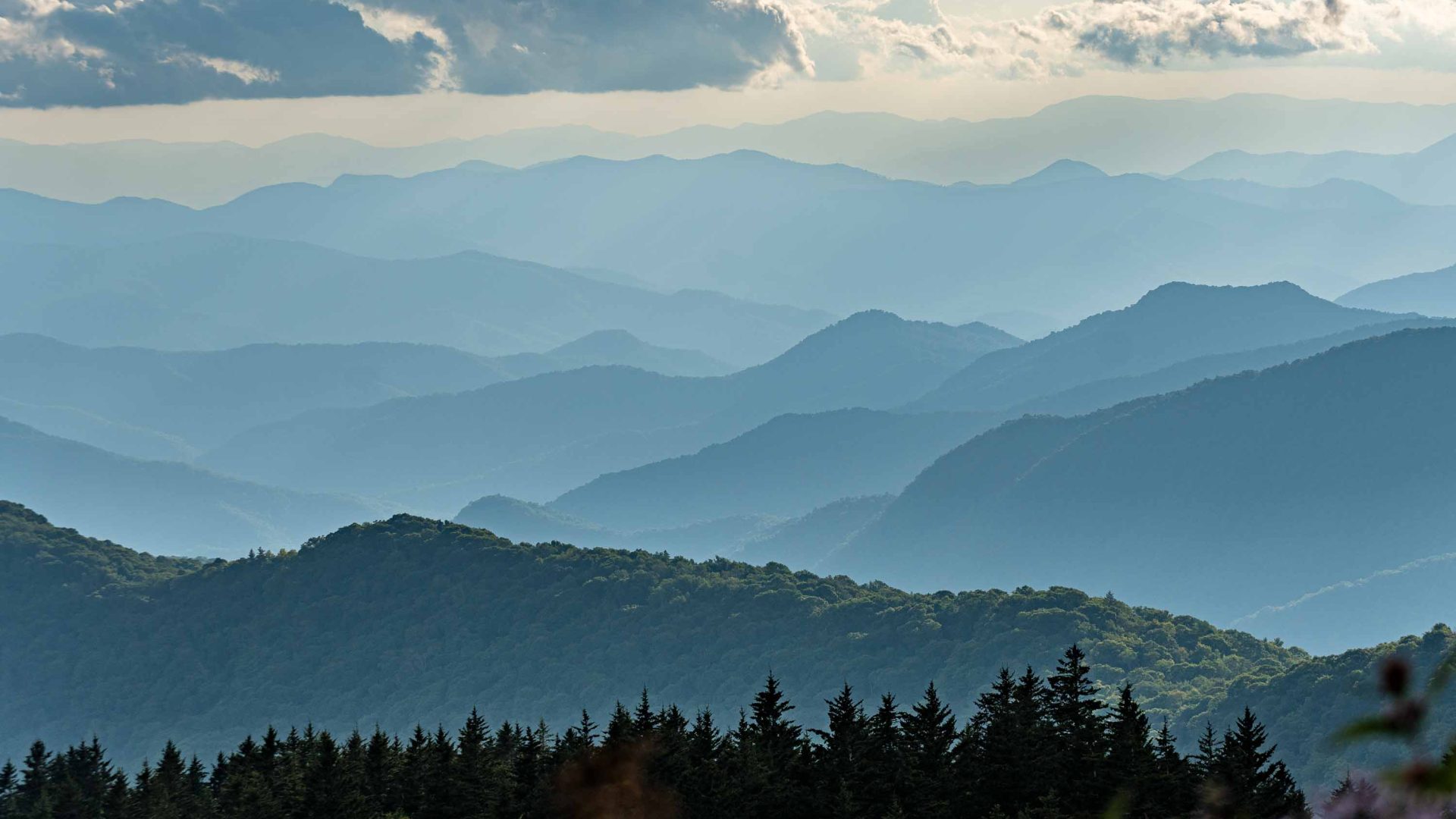 A panoramic view of misty mountains