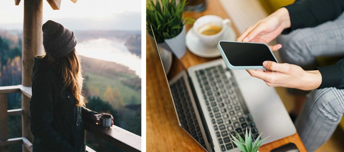 Left: A woman drinks a coffee while looking out over a serene view. Right: A person has a coffee alongside a laptop and phone.