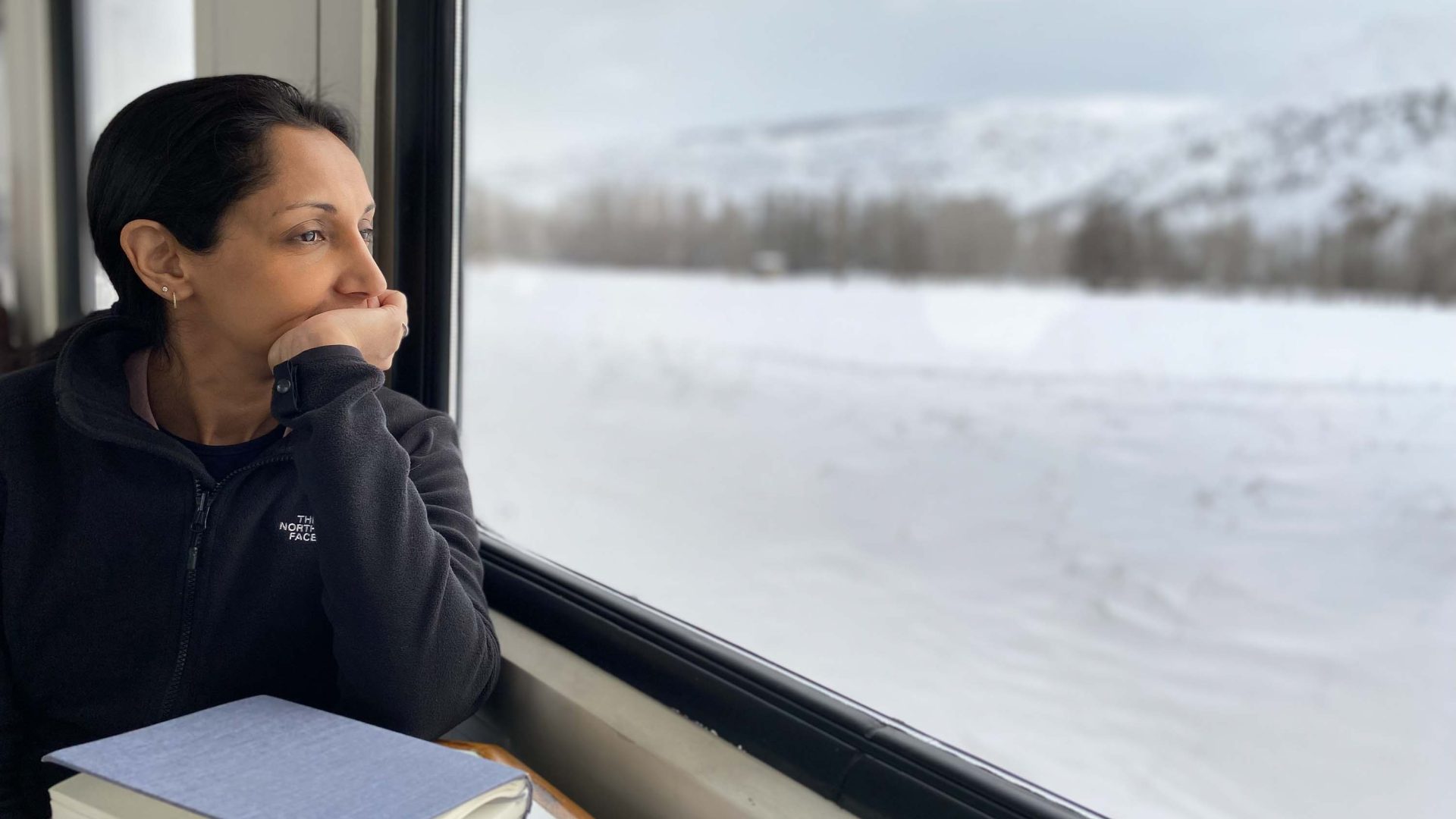 A woman stares out the window at a snowy landscape.
