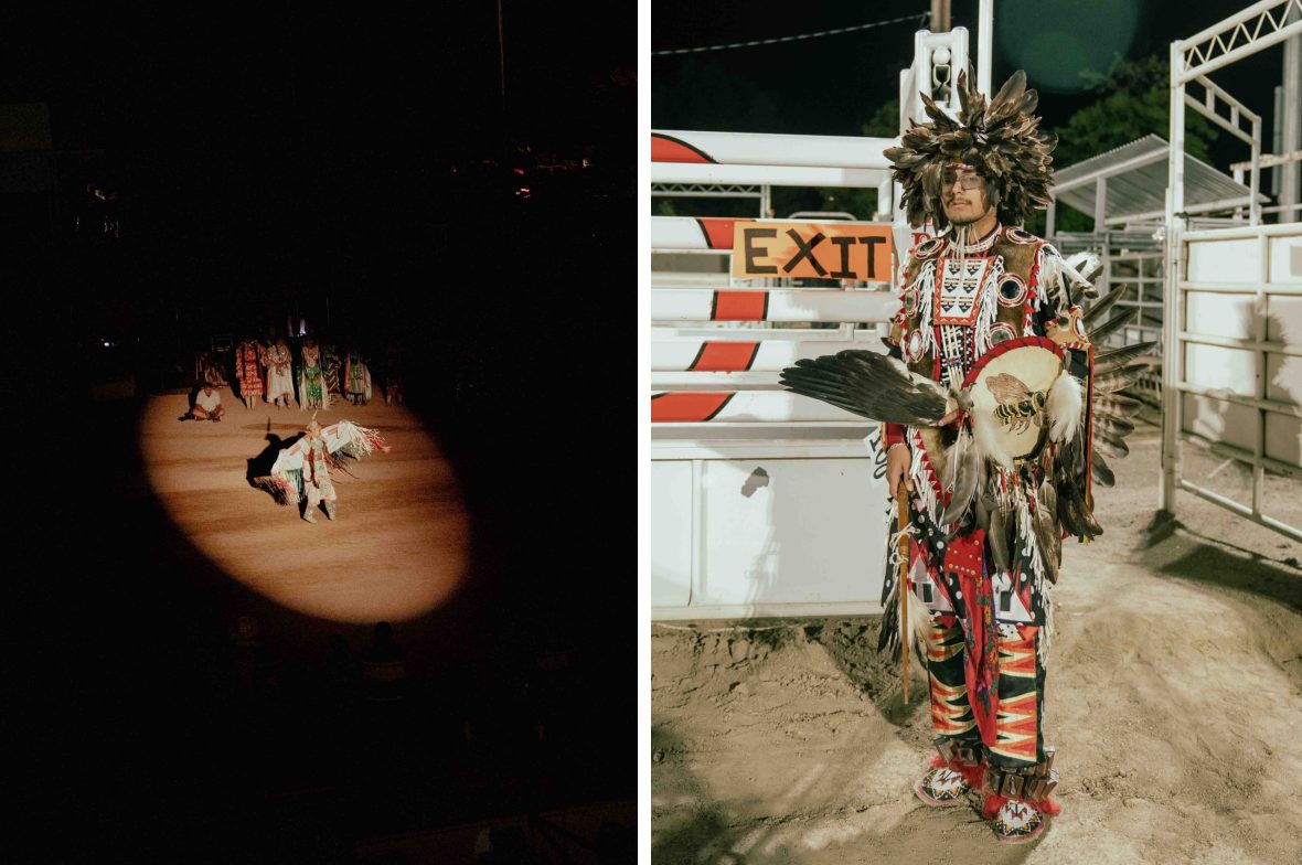 Left: A female dancer peforms in the spotlight; Right: A male dancer waits at the gate to perform.