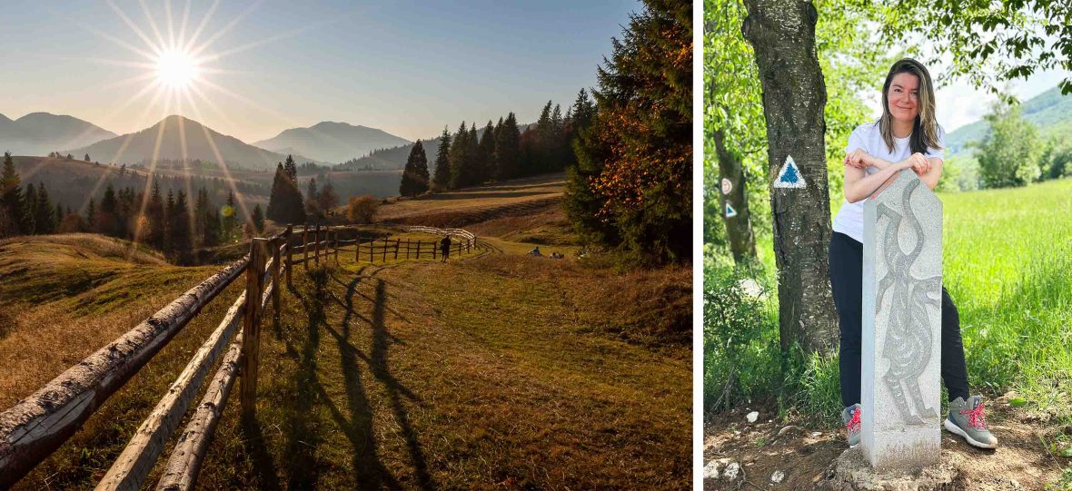 Left: A fence runs along a trail with mountains in the background. Right: a woman leans on a trail marker.