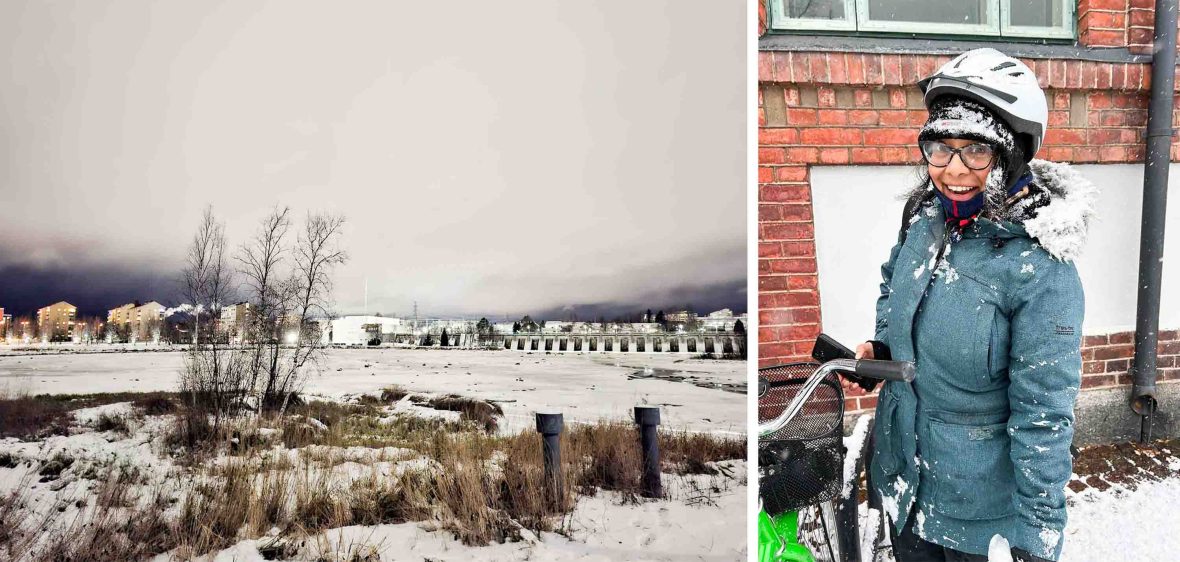 A woman in a helmut is covered in snow, alongside a photo of a snowy town.