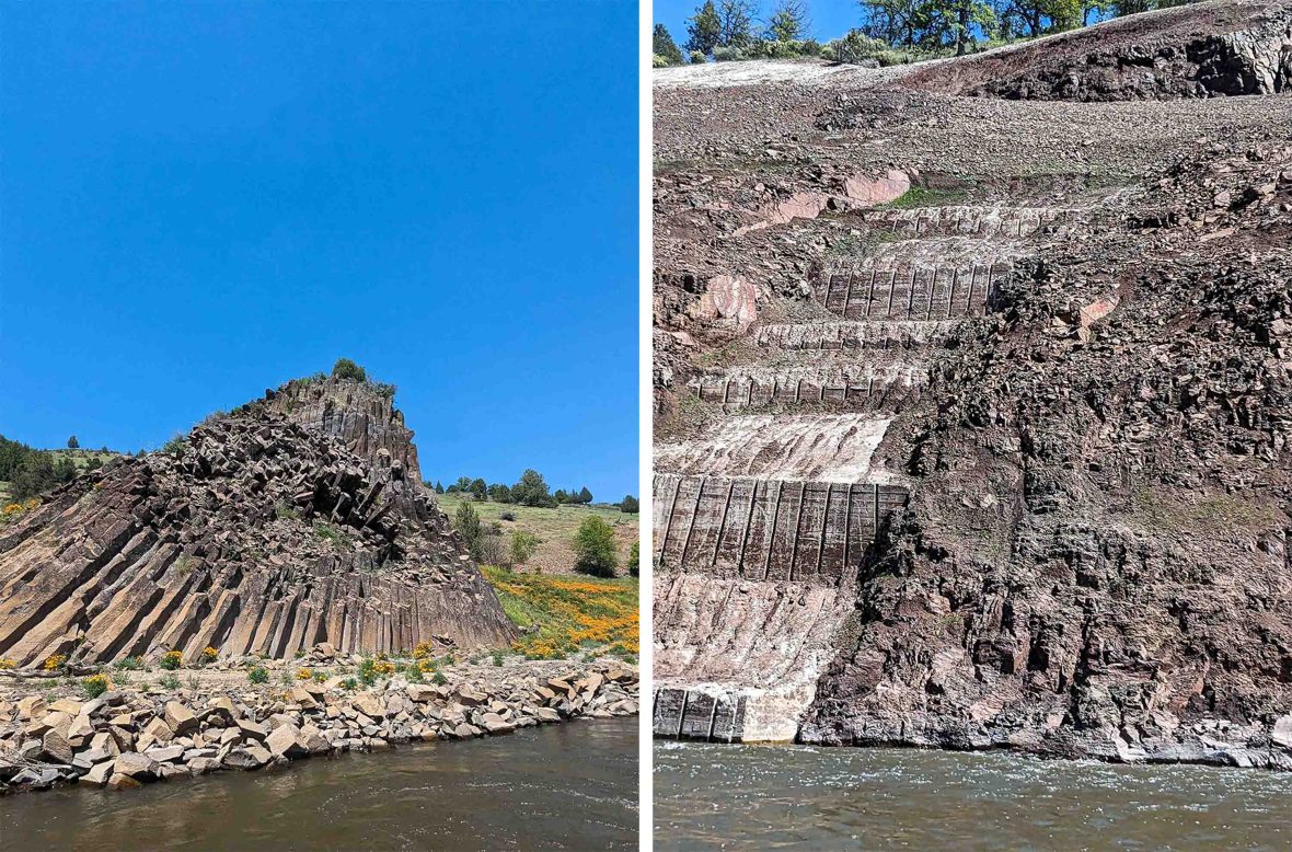 Left: Wildflowers grow on the edge of the river. Right: Remains of one of the dam walls.
