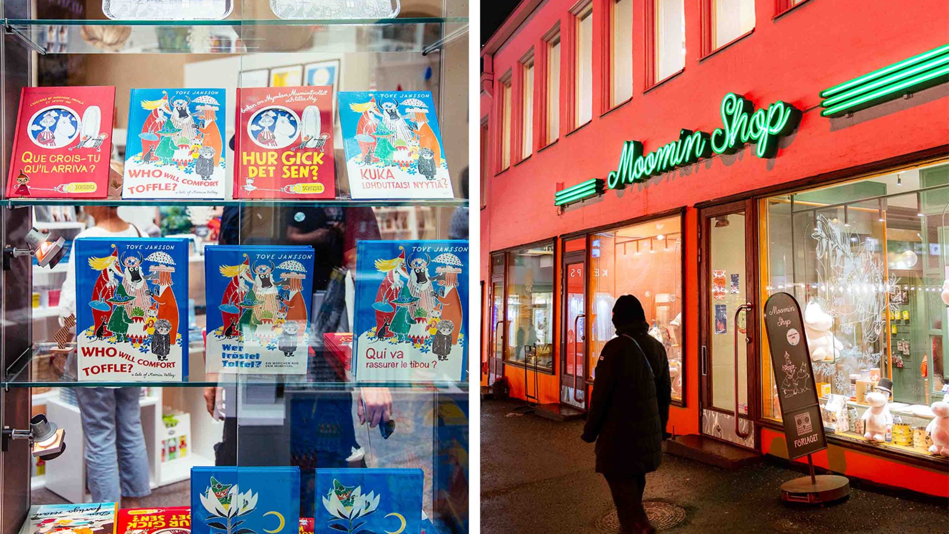 Left: A shop display of Moomin books. Right: A Moomin shop.