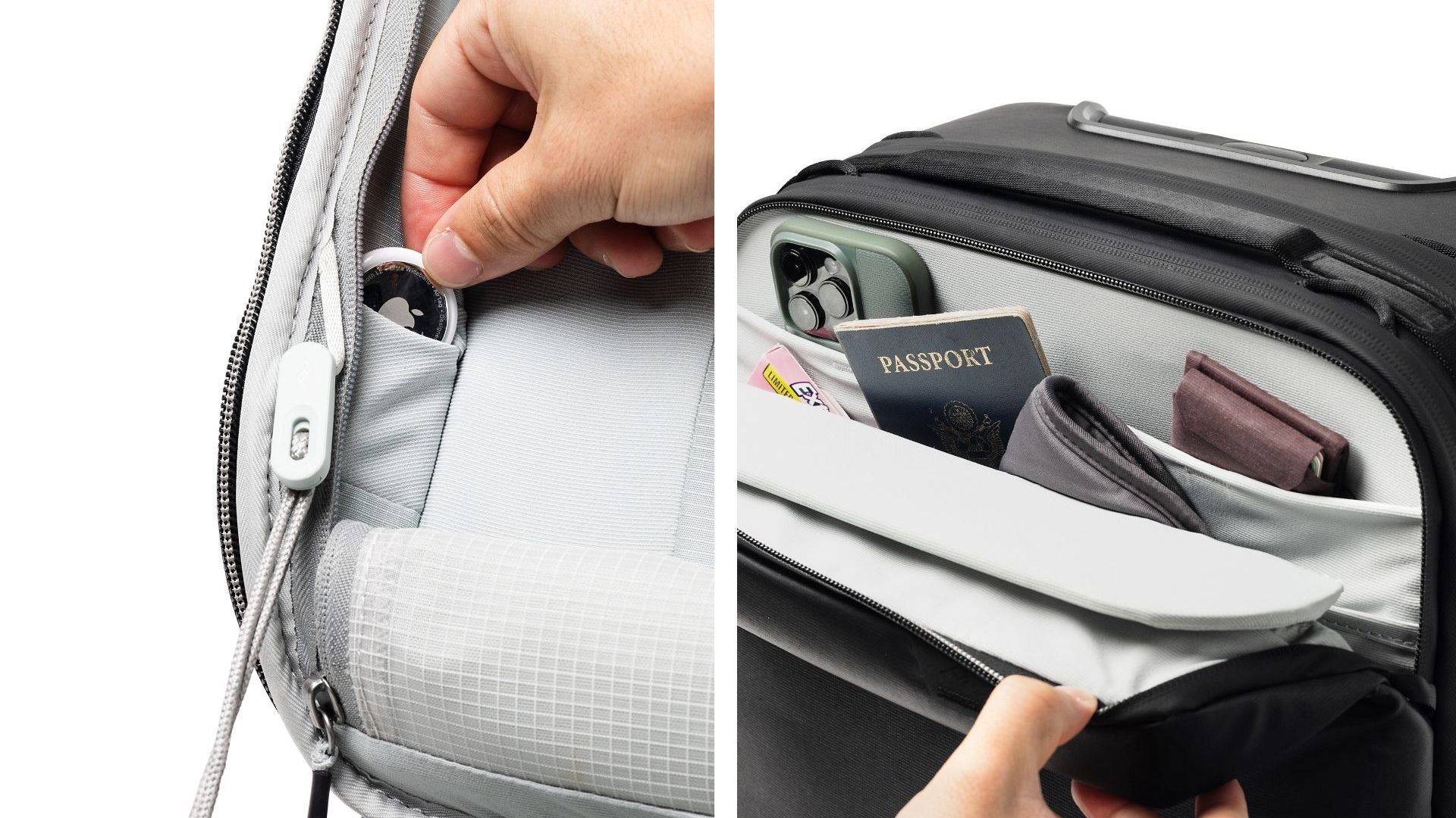 Left: A close-up of someone's hand inserting an Apple AirTag into a small, hidden pocket in a suitcase. Right: A close-up of someone's hand opening a front storage compartment in a suitcase.