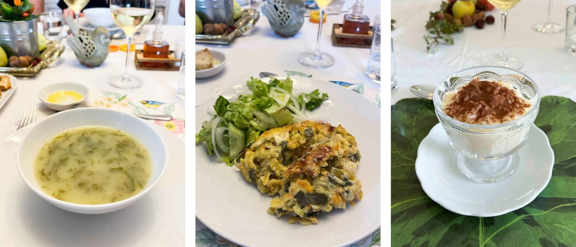 Three photos showing a soup, a main dish and a dessert.