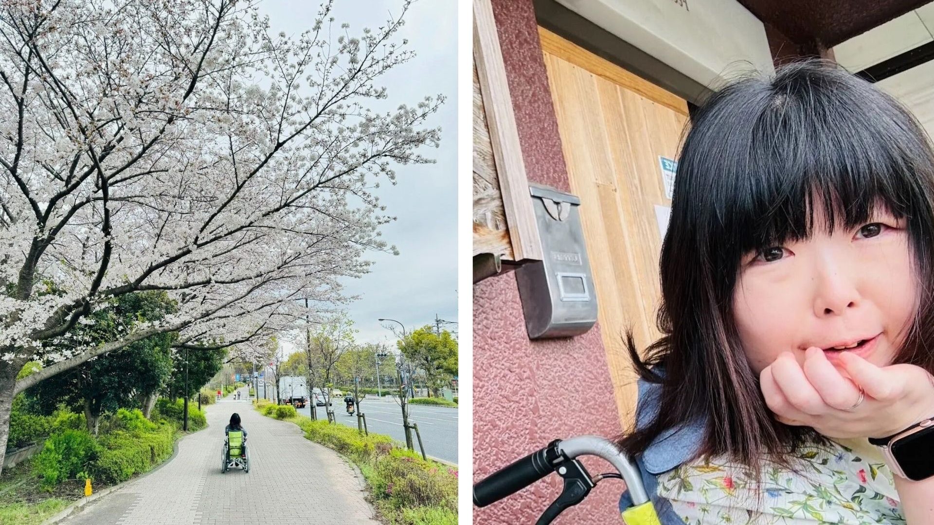 Left: A person in a wheelchair wheels themselves along a path in a park; Right: A woman with a short bob and fringe smiles to camera
