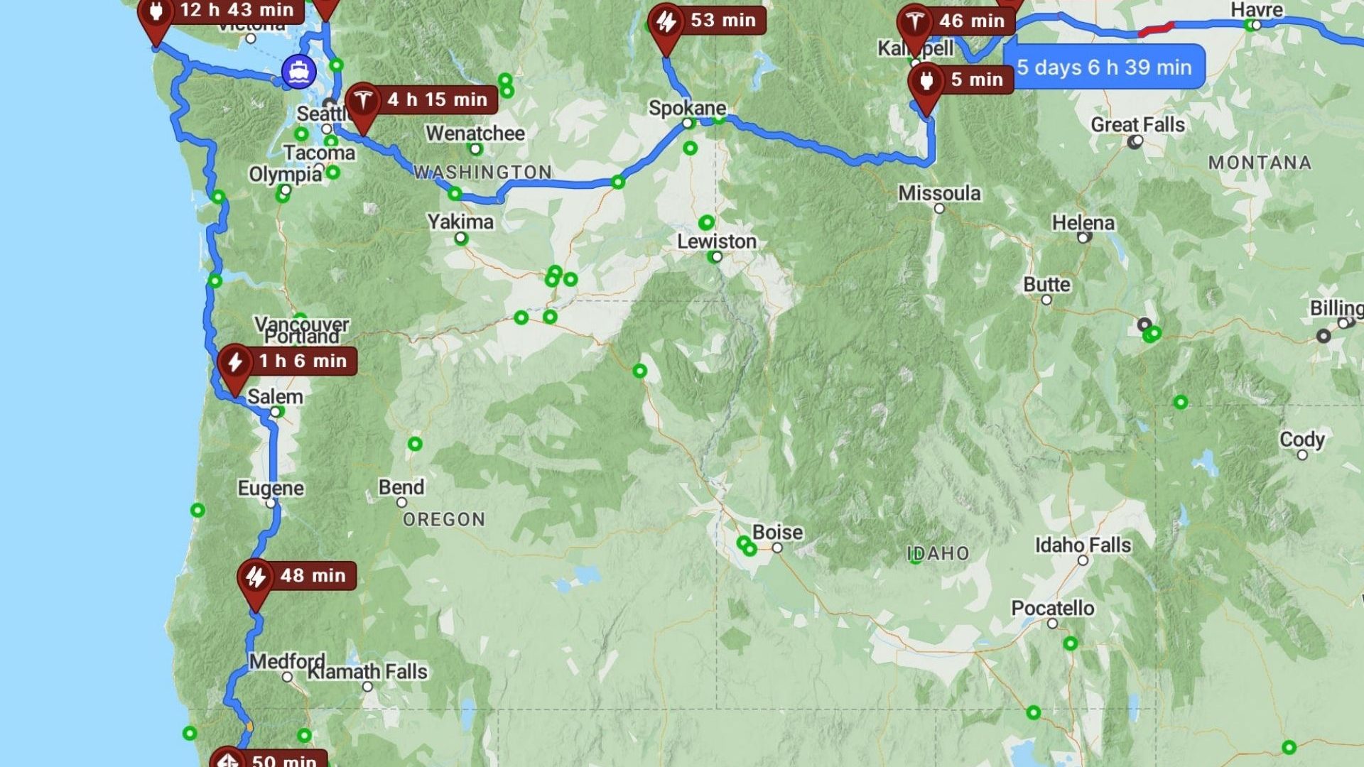 A screenshot of a map with a road trip route along the West Coast of the US and extending east along the Canadian border.