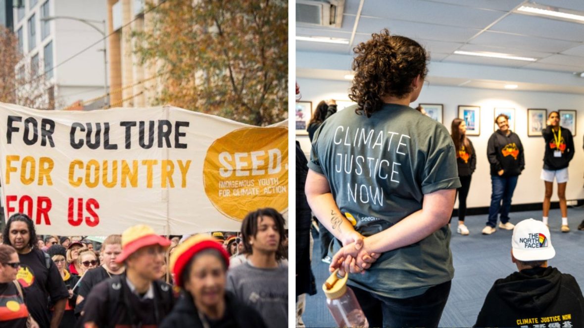 Left: Protestors hold a sign during a march; Right: A woman stands among a group of young learners
